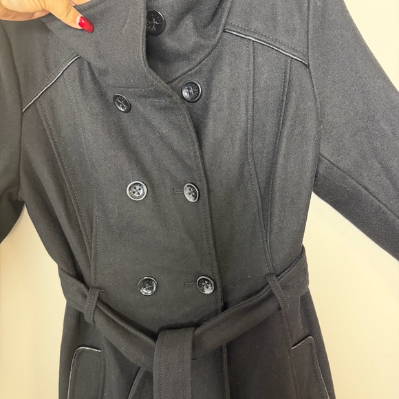 Guess Black Wool Blend Belted Peacoat Size L - Picture 5 of 12